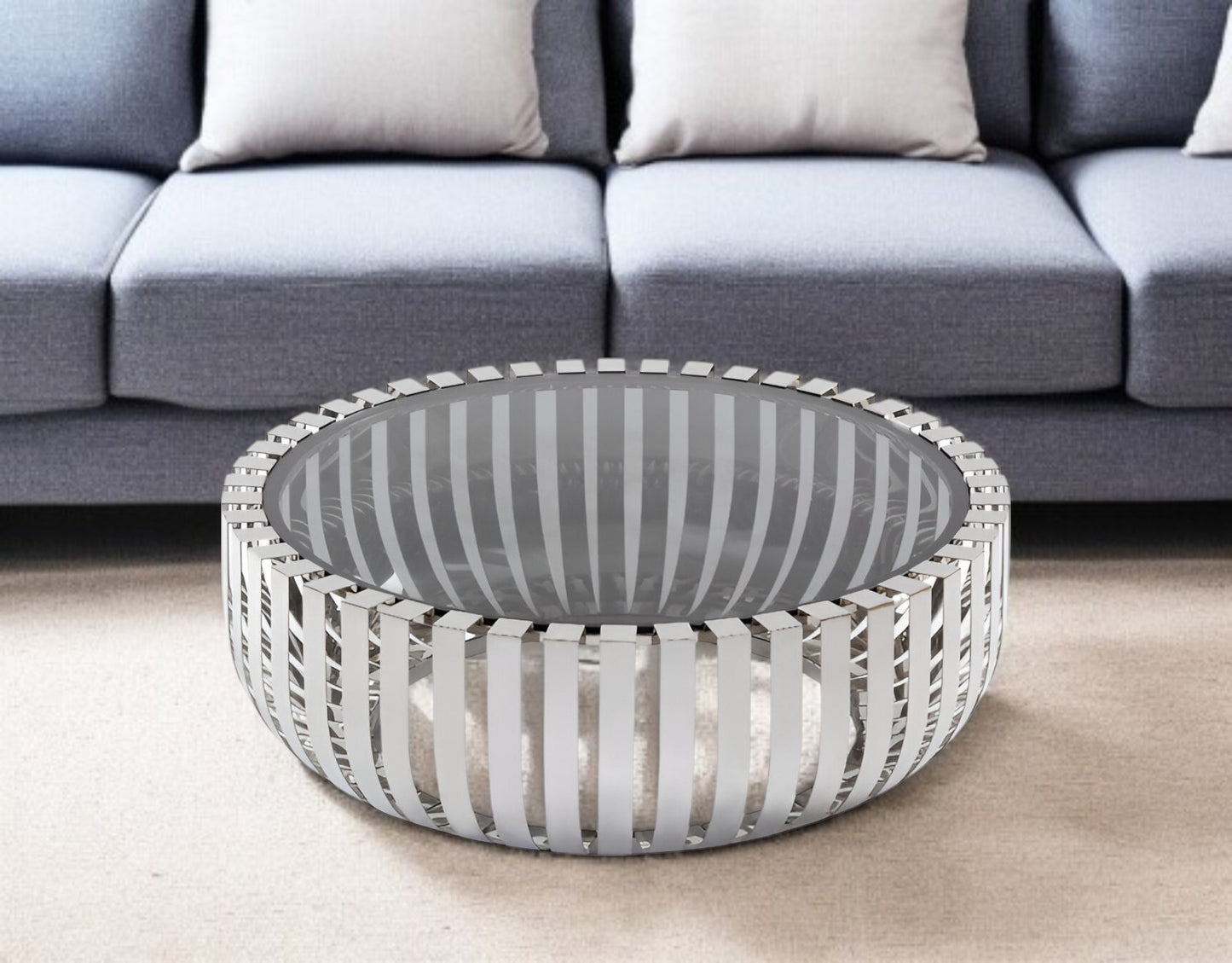 Glass and Stainless Steel Round Abstract Coffee Table