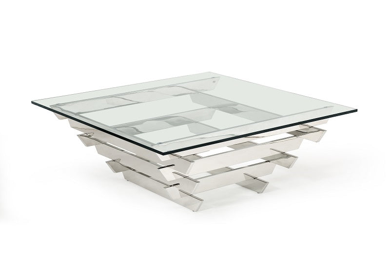 Glass and Stainless Steel Square Sled Coffee Table with Shelf