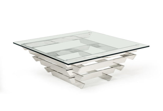 Glass and Stainless Steel Square Sled Coffee Table with Shelf