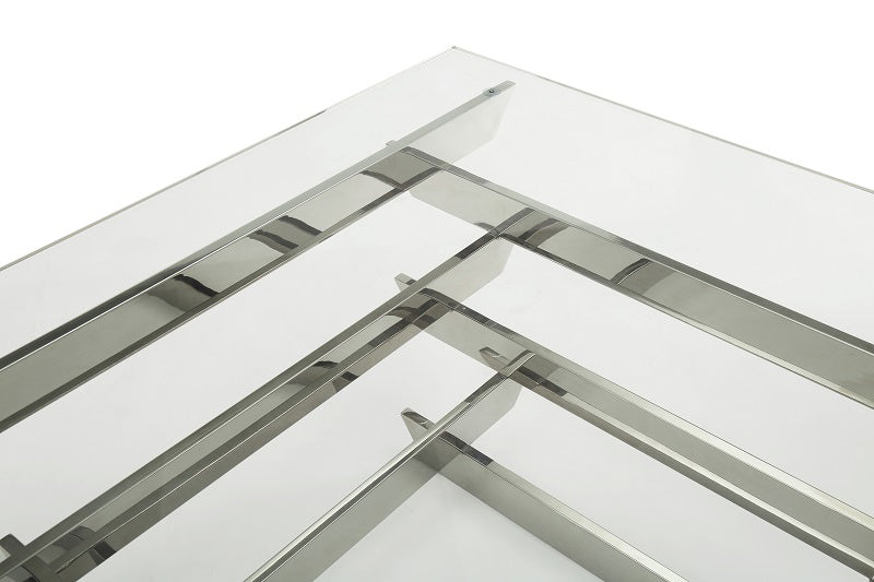 Glass and Stainless Steel Square Sled Coffee Table with Shelf
