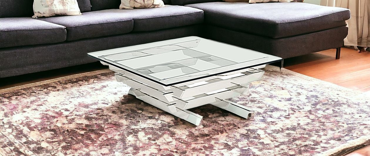 Glass and Stainless Steel Square Sled Coffee Table with Shelf