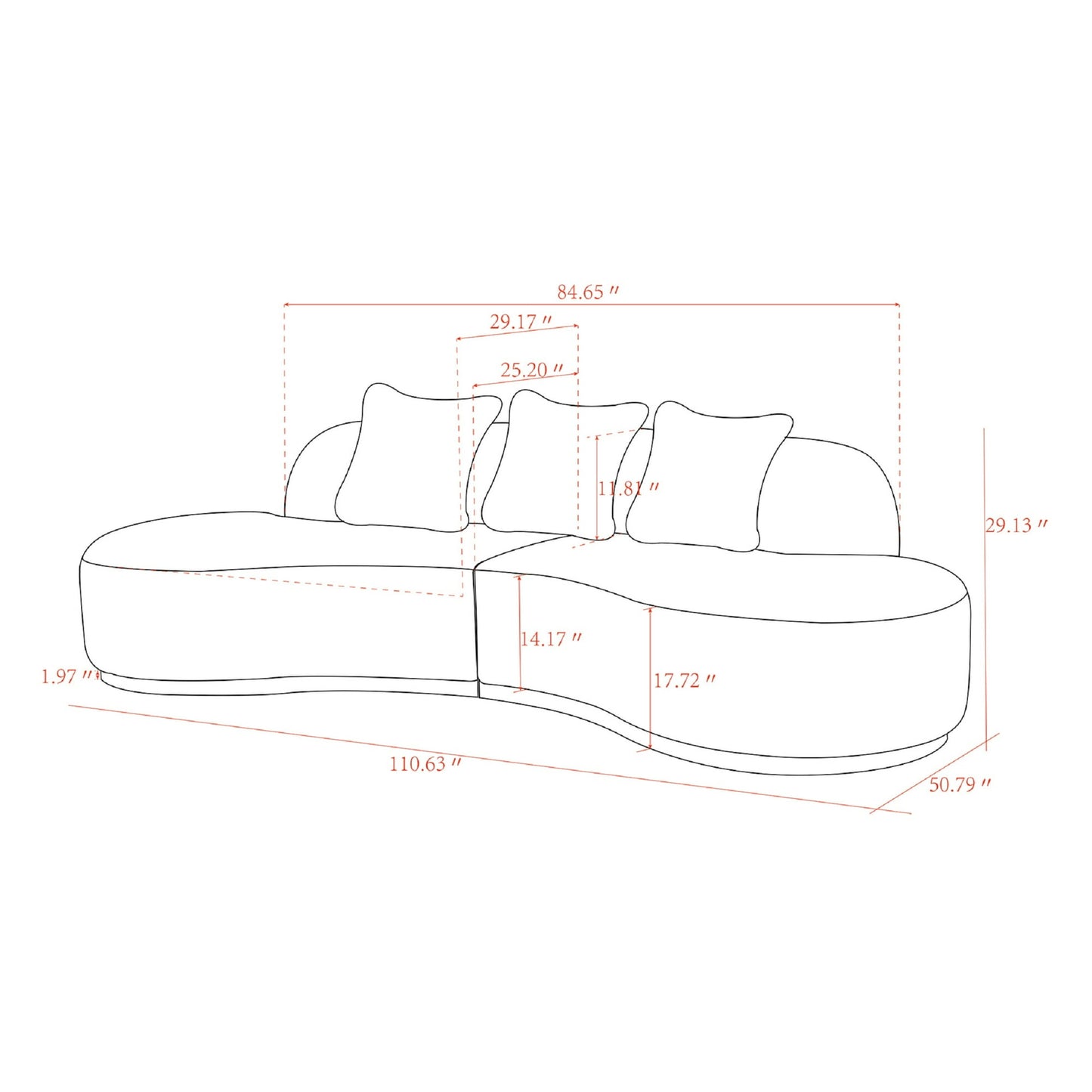 Simona Upholstered Sofa with 3 Pillows 110.6"