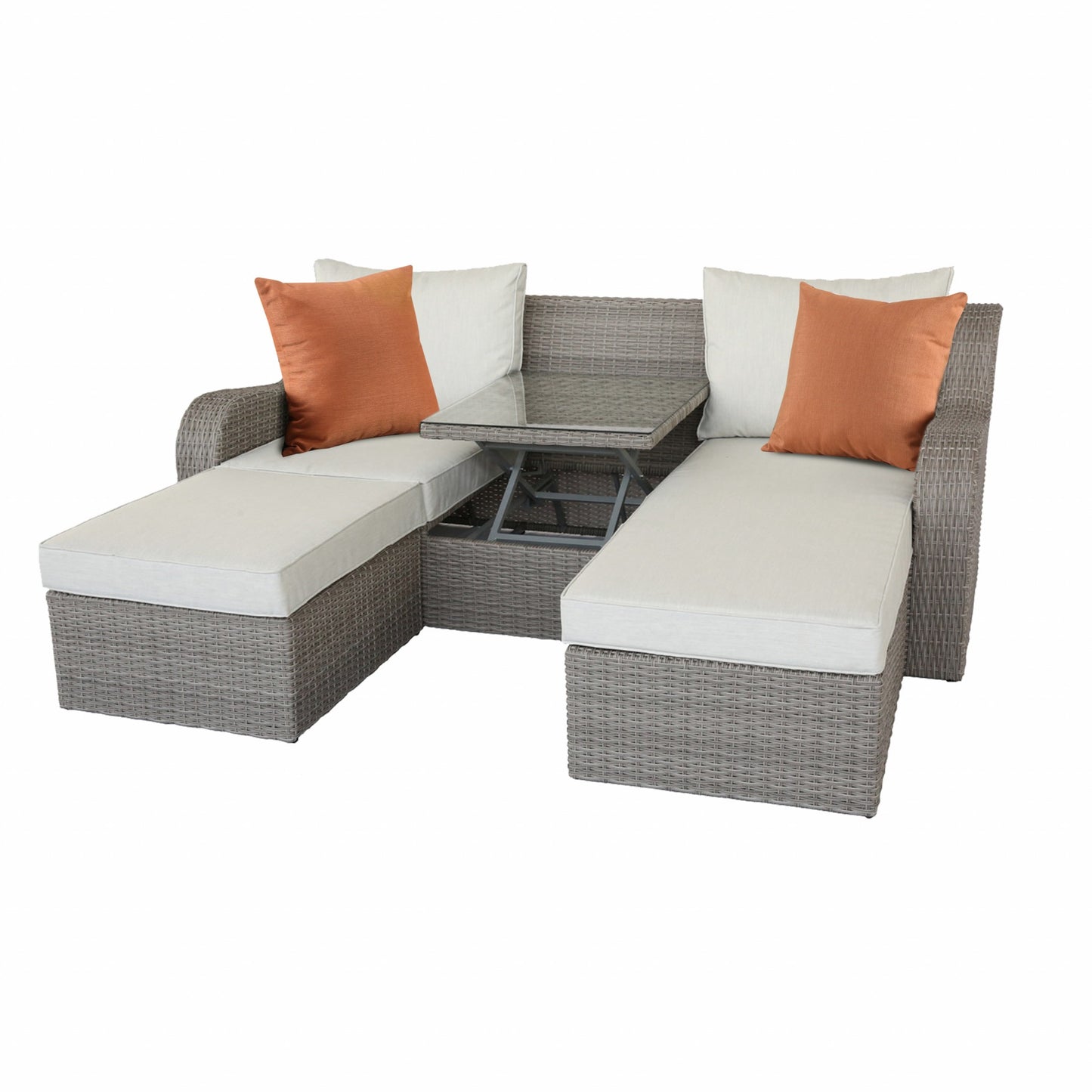 Three Piece Outdoor Wicker Sectional Seating Group with Beige Cushions