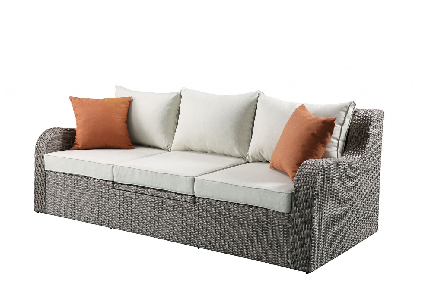Three Piece Outdoor Wicker Sectional Seating Group with Beige Cushions
