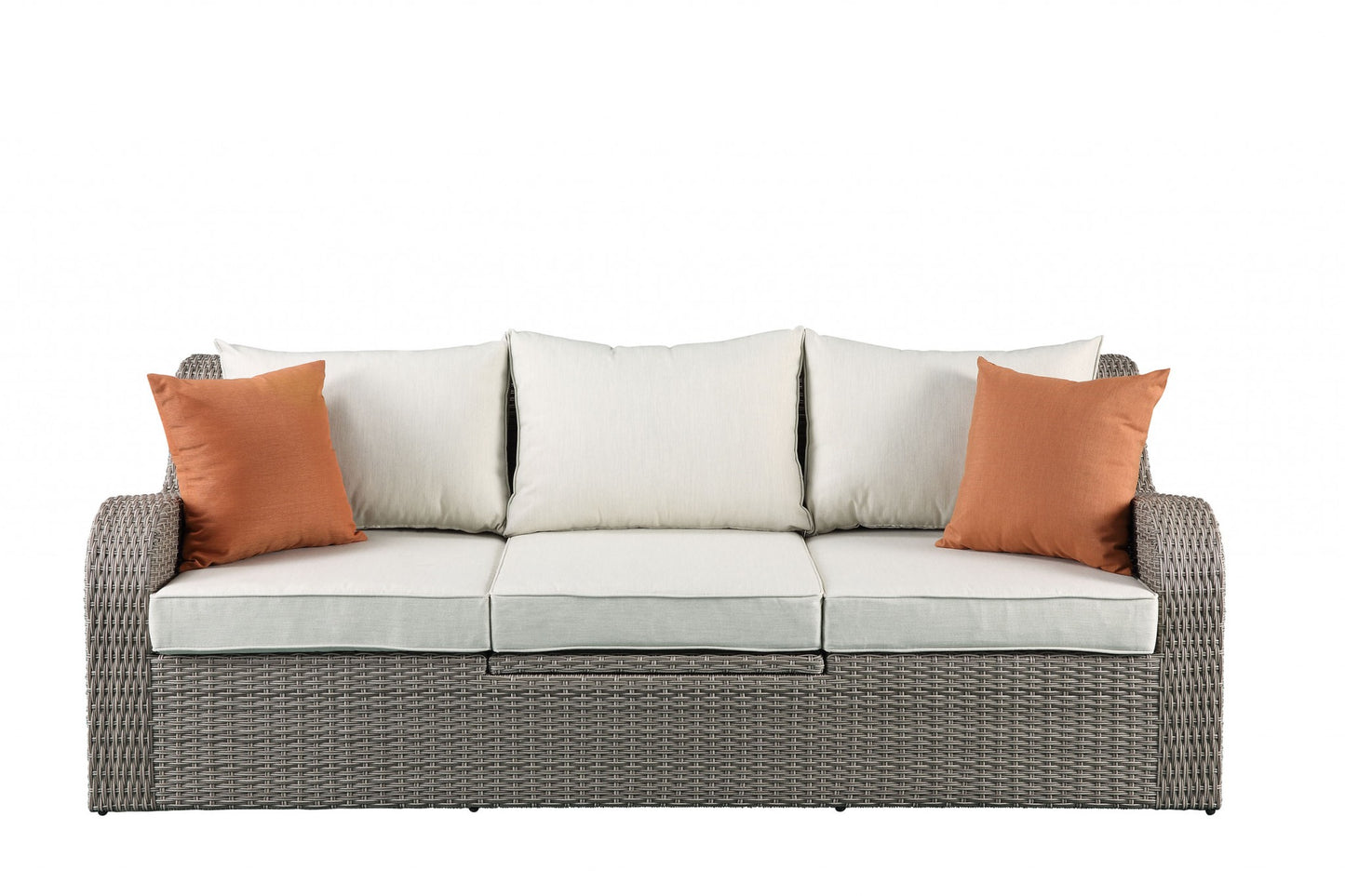 Three Piece Outdoor Wicker Sectional Seating Group with Beige Cushions