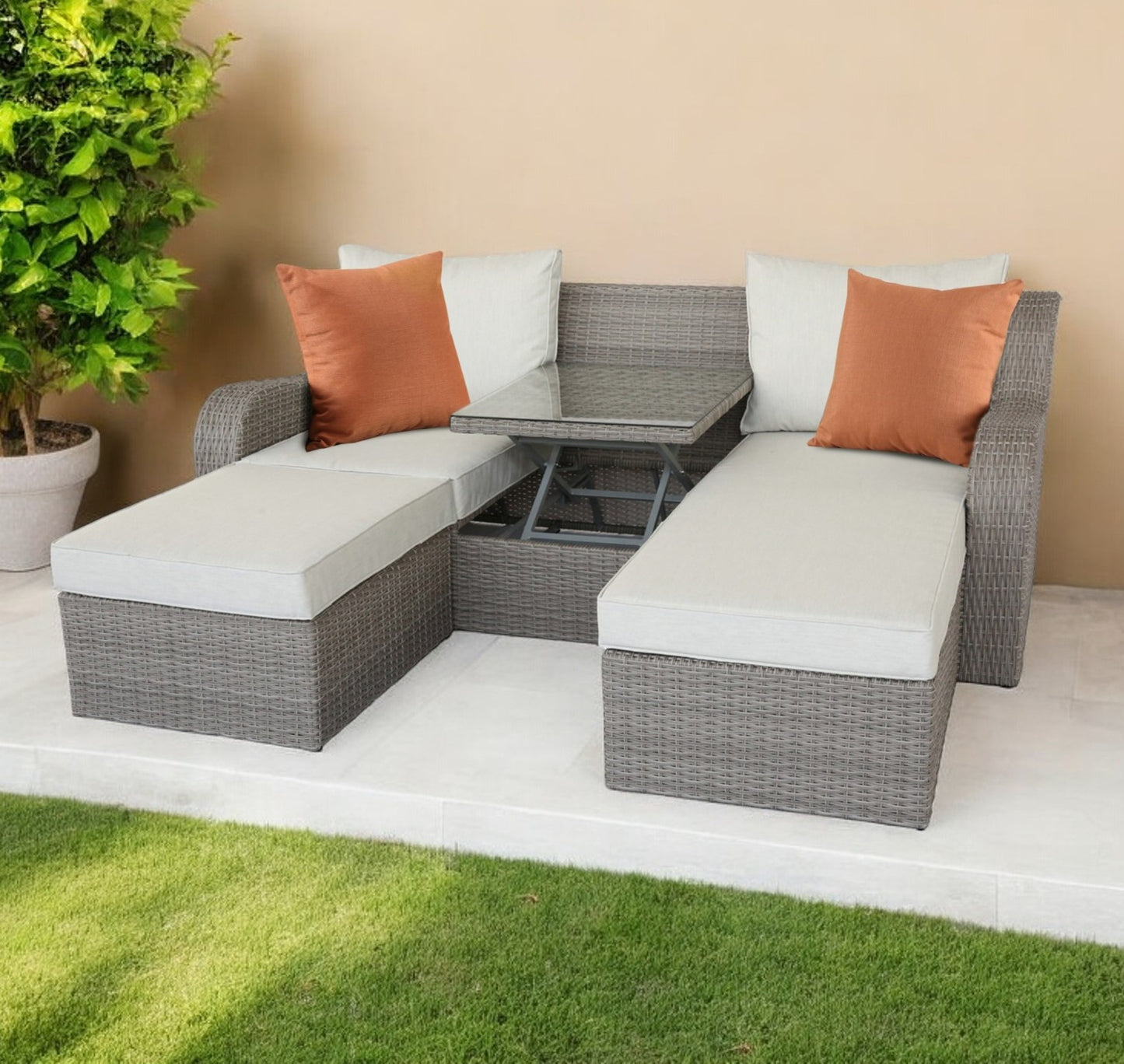 Three Piece Outdoor Wicker Sectional Seating Group with Beige Cushions