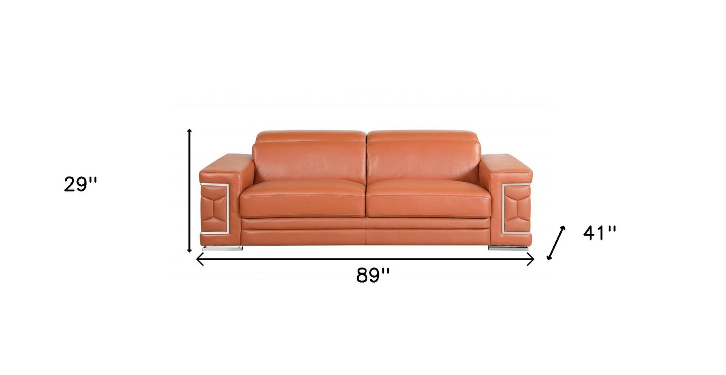 Italian Leather Sofa with Silver Legs