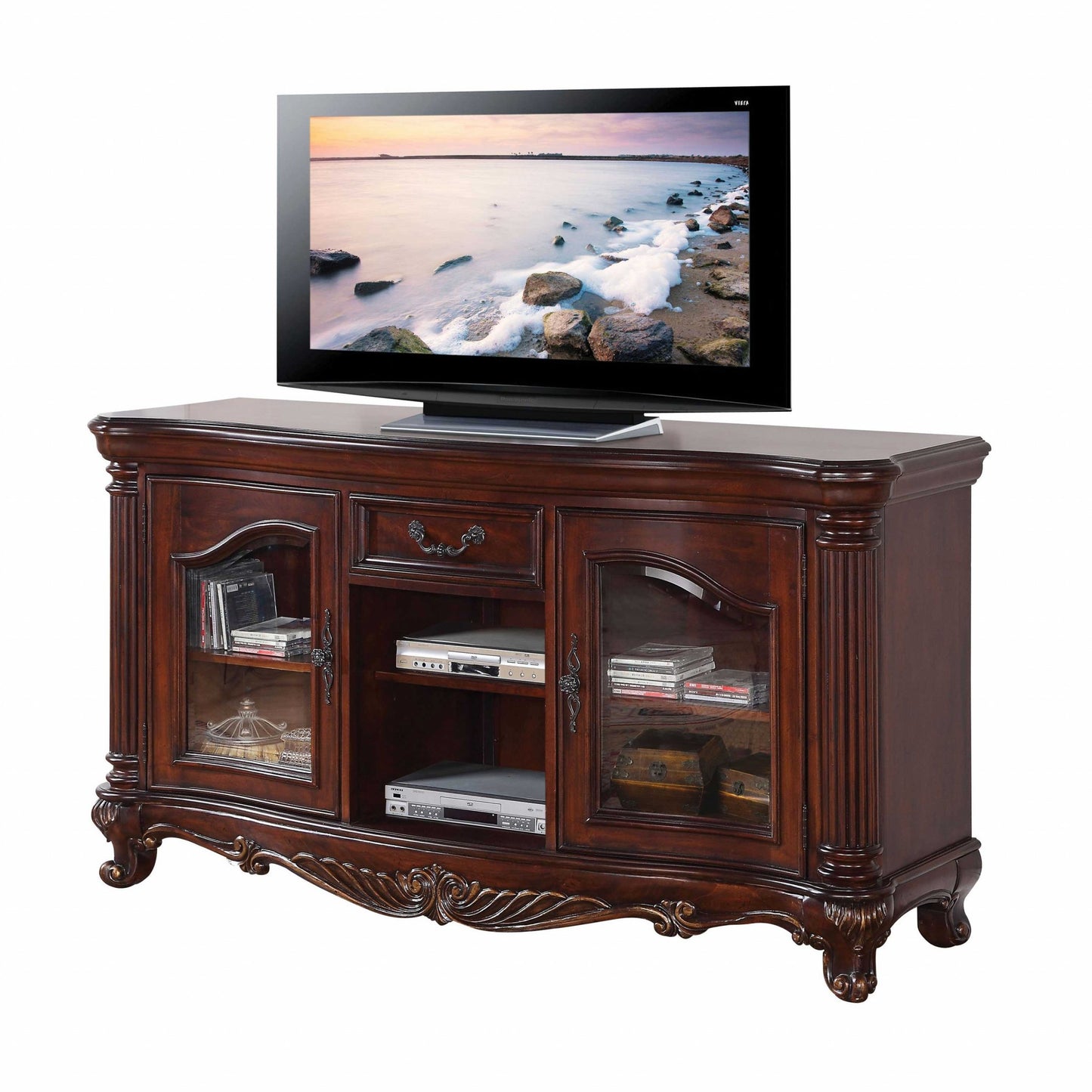 Cherry Cabinet Enclosed Storage TV Stand with Bookcase