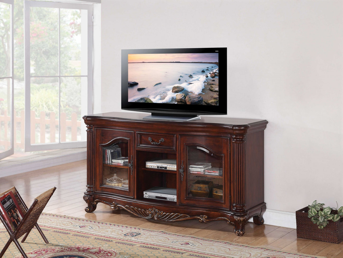 Cherry Cabinet Enclosed Storage TV Stand with Bookcase