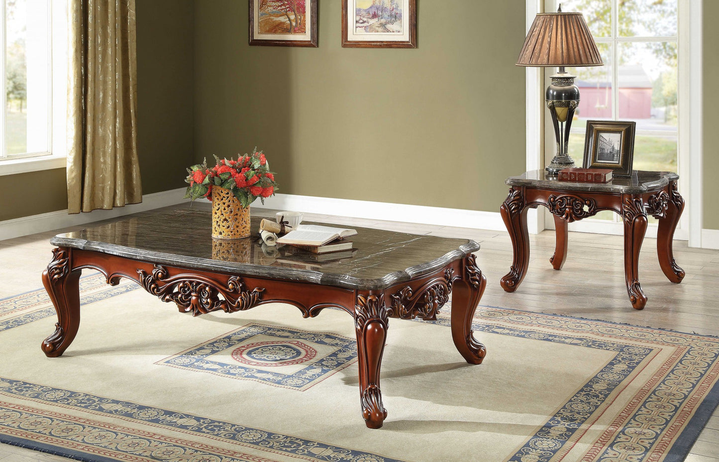 Genuine Marble and Solid Wood Coffee Table