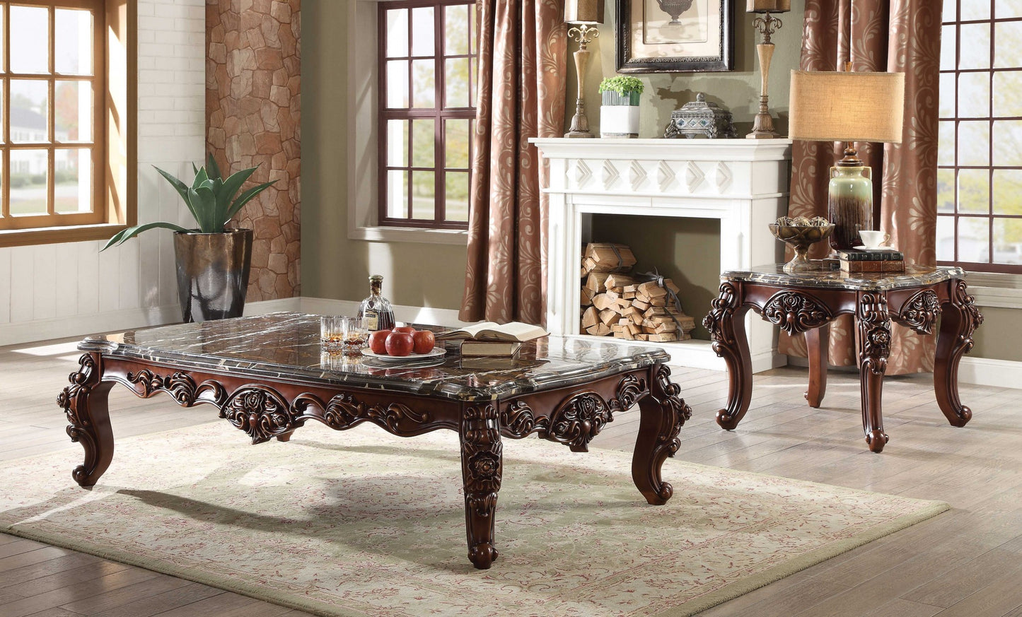 Genuine Marble and Solid Wood Coffee Table