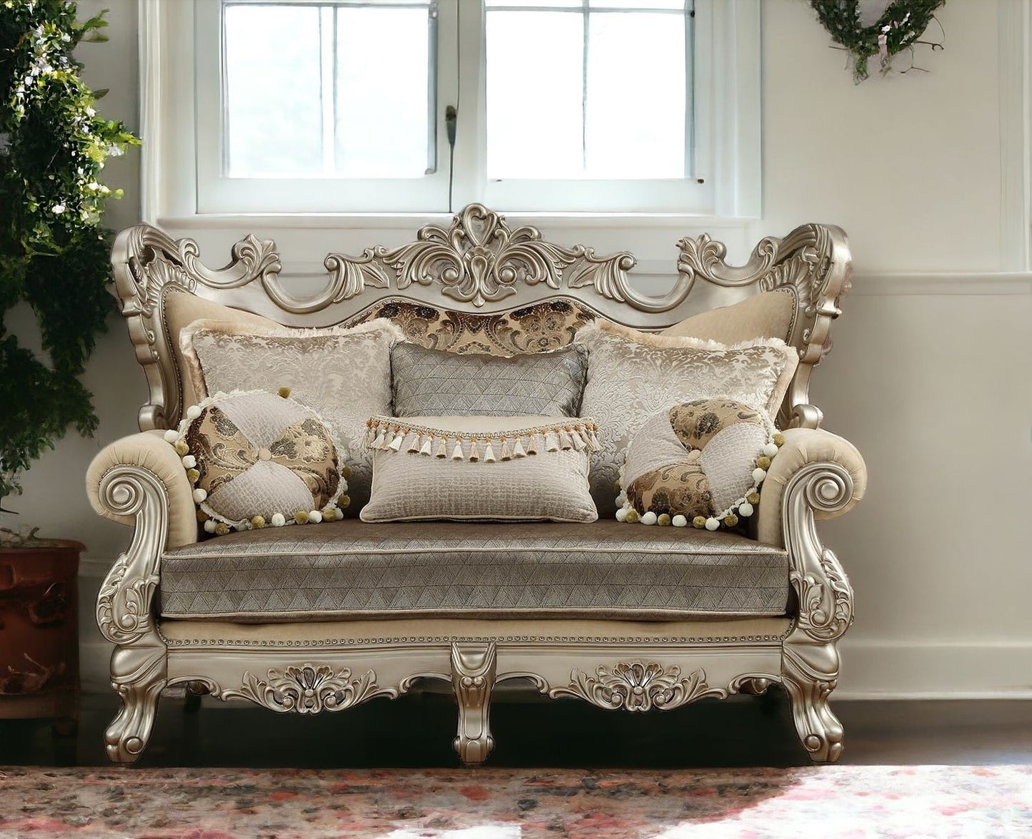 Damask Chesterfield Loveseat and Toss Pillows