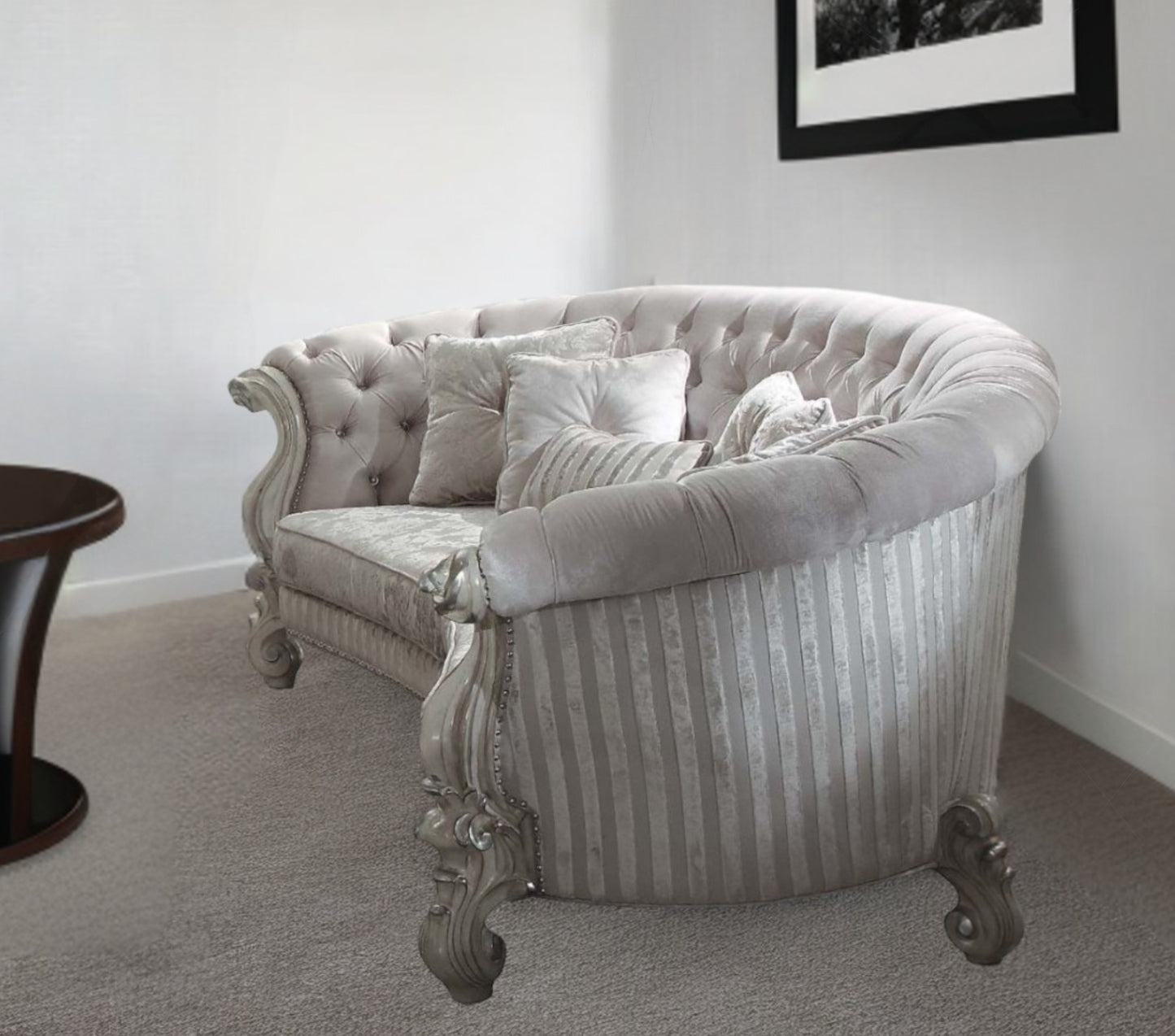 Velvet Curved Floral Sofa and Toss Pillows with Gray Legs