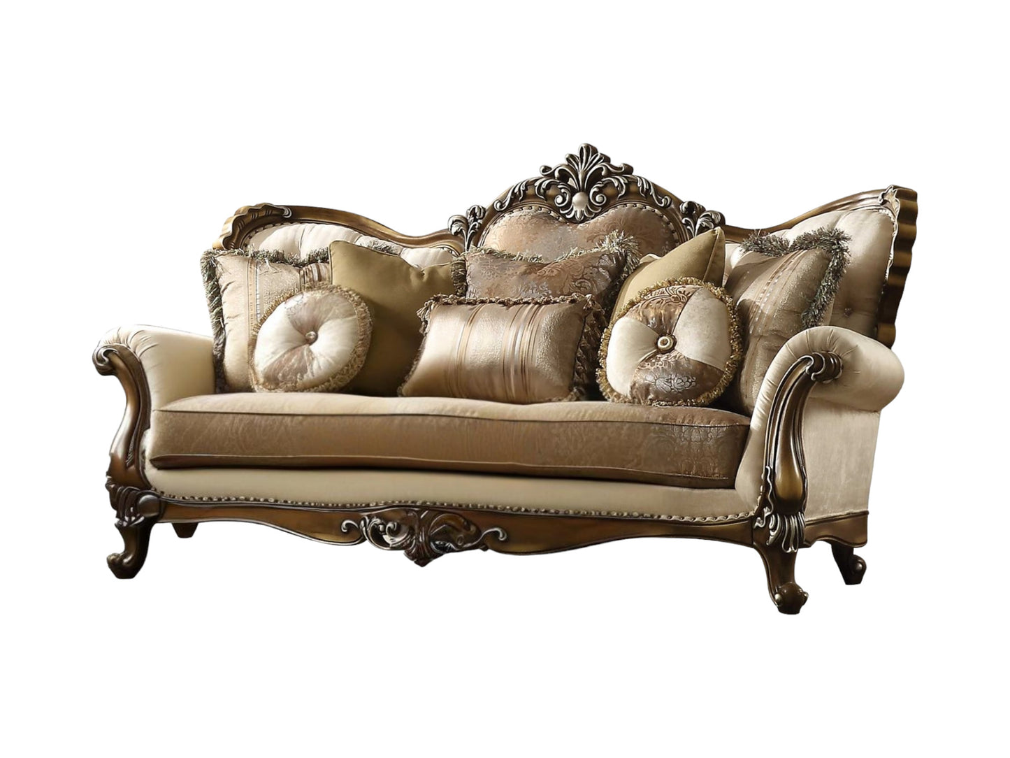 Polyester Blend Curved Floral Sofa and Toss Pillows with Brown Legs