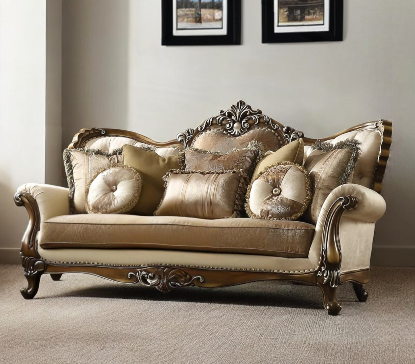 Polyester Blend Curved Floral Sofa and Toss Pillows with Brown Legs