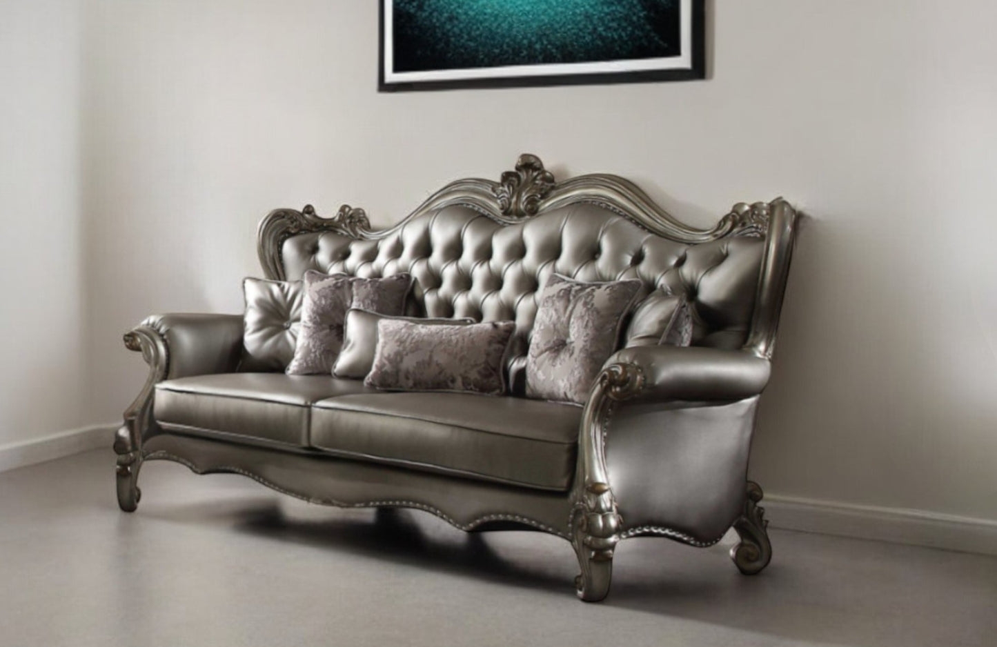 Faux Leather Curved Sofa and Toss Pillows