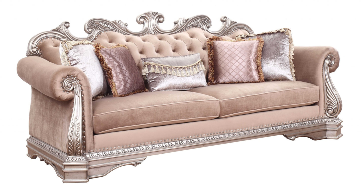 Velvet Sofa and Toss Pillows with Silver Legs