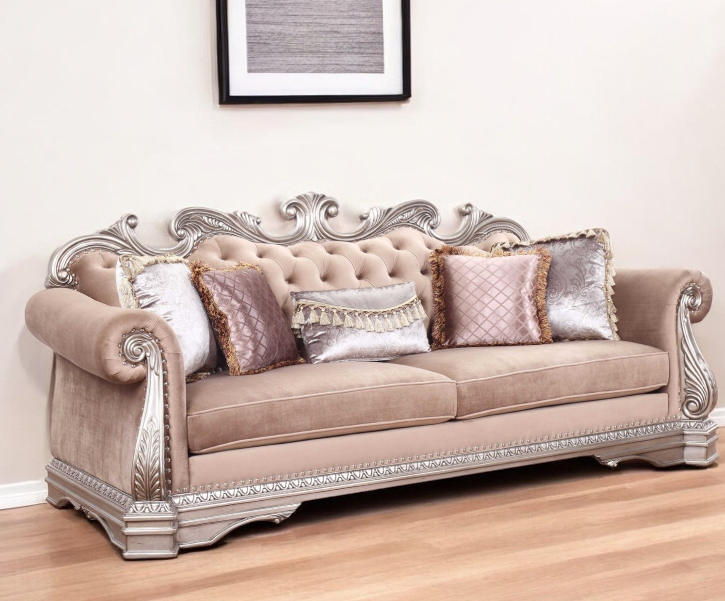 Velvet Sofa and Toss Pillows with Silver Legs
