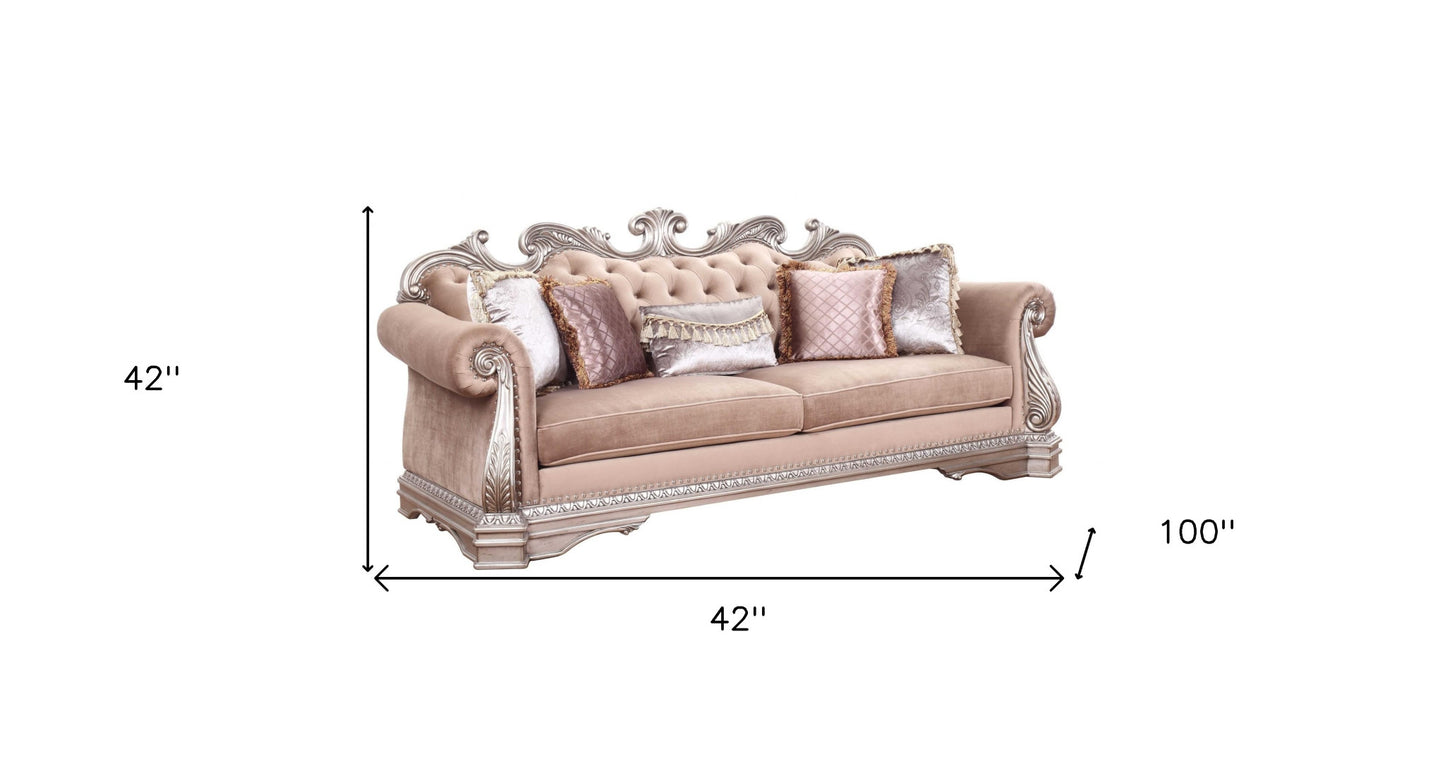 Velvet Sofa and Toss Pillows with Silver Legs