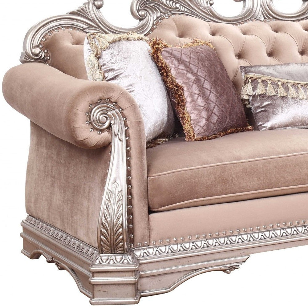 Velvet Sofa and Toss Pillows with Silver Legs
