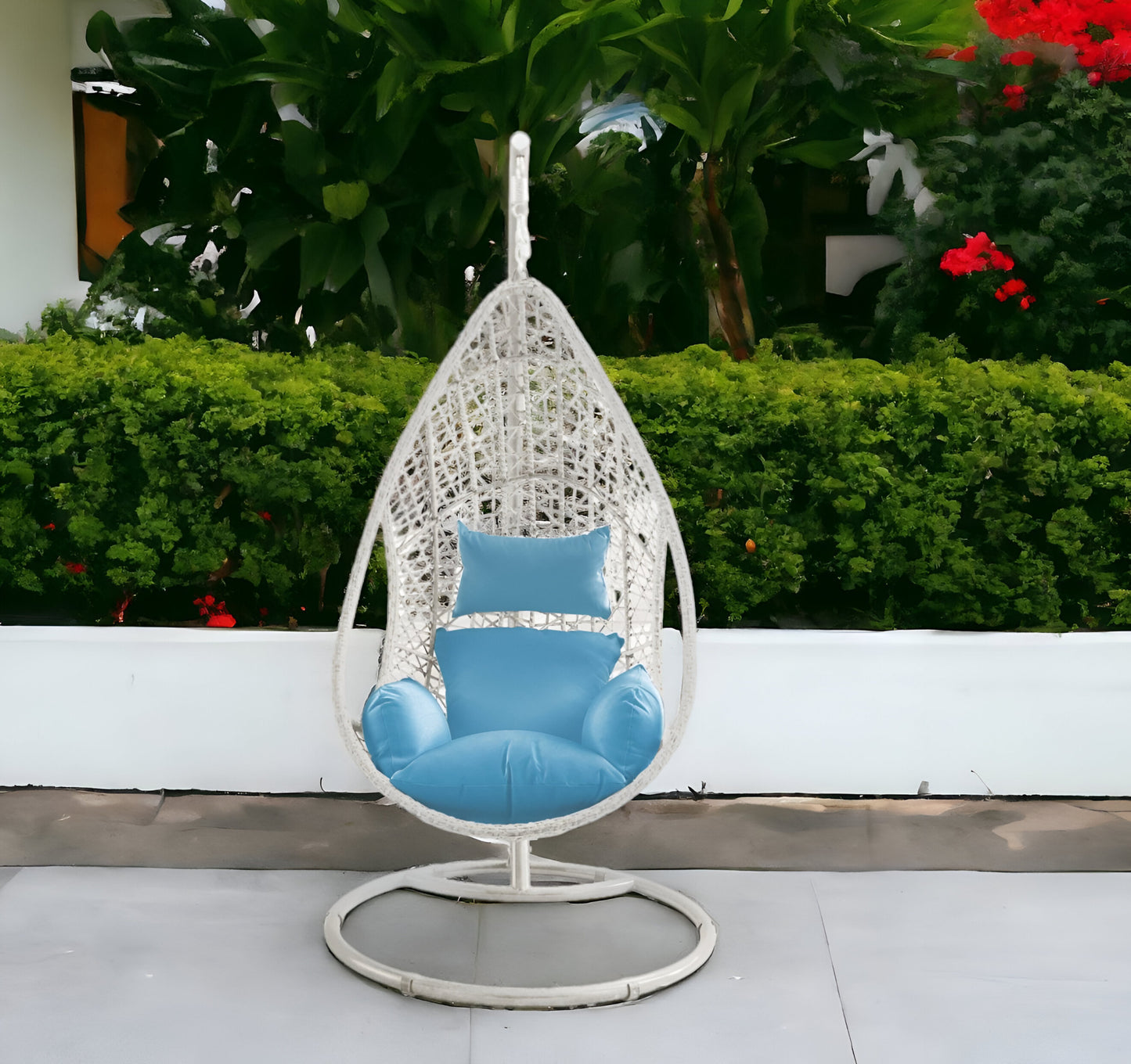 Steel stand finished Metal Outdoor Swing Chair with Blue Cushion