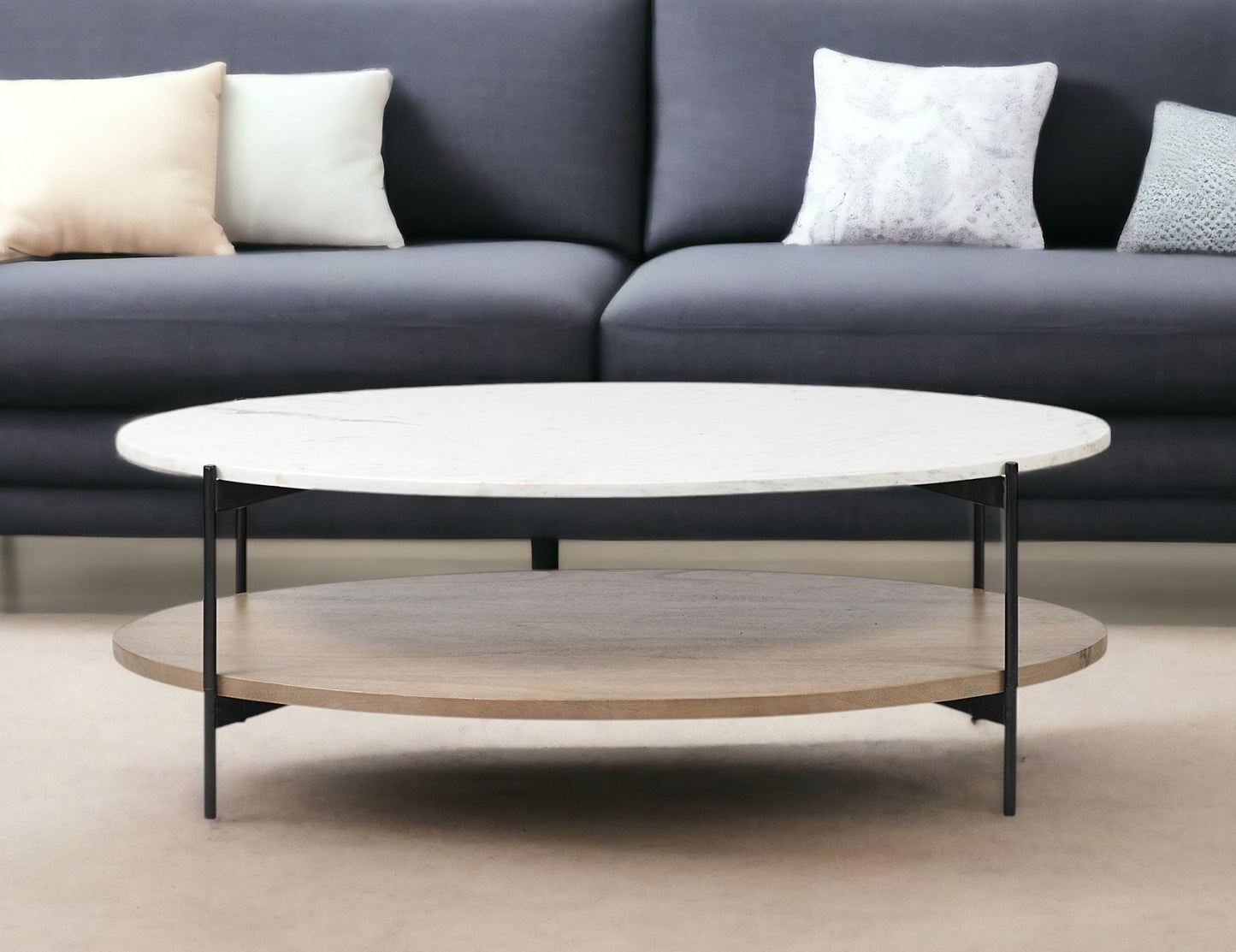 Genuine Marble and Metal Oval Coffee Table with Shelf