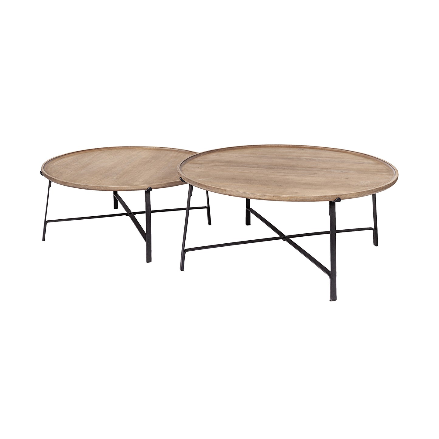 Set of Two Solid Wood and Iron Round Nested Coffee Tables