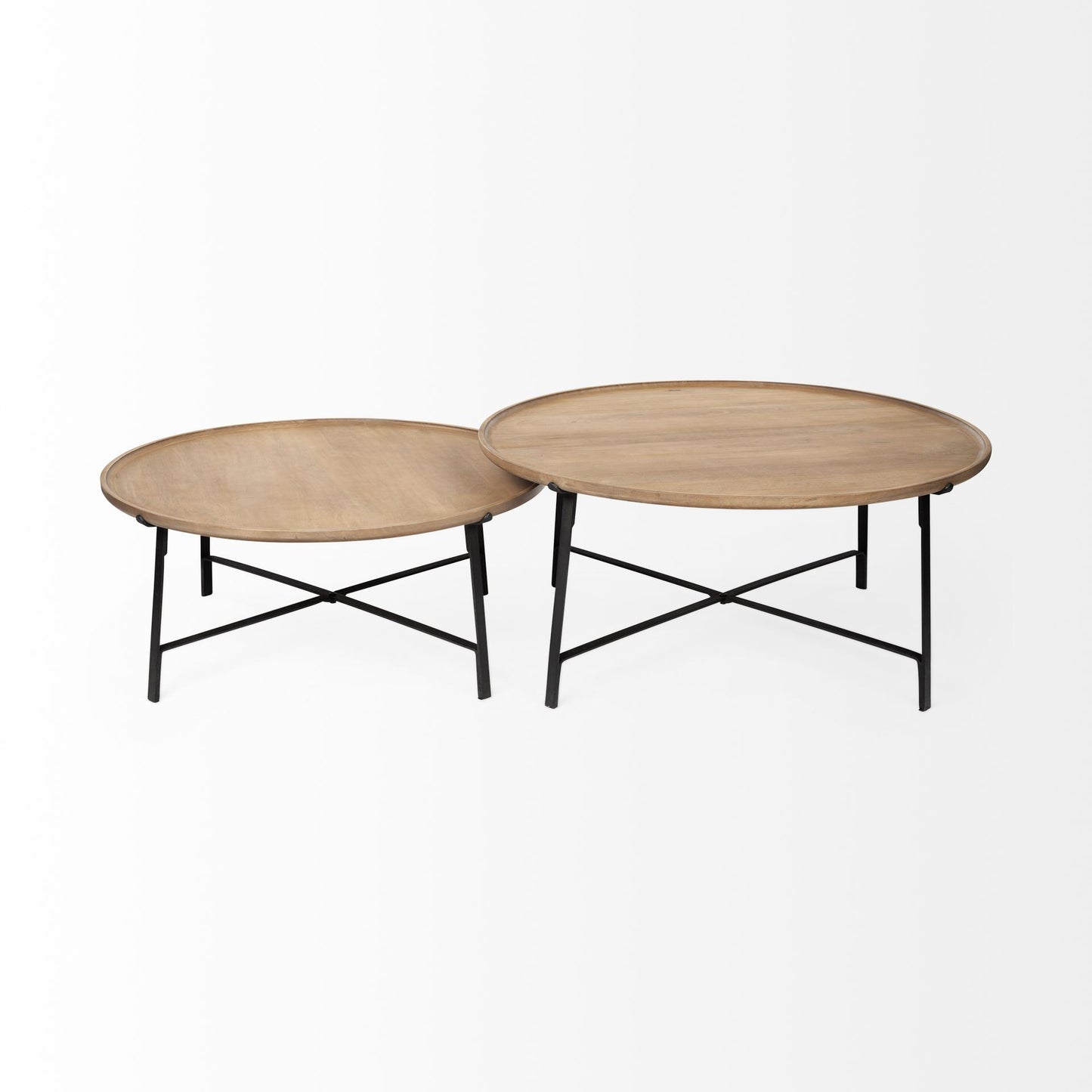 Set of Two Solid Wood and Iron Round Nested Coffee Tables