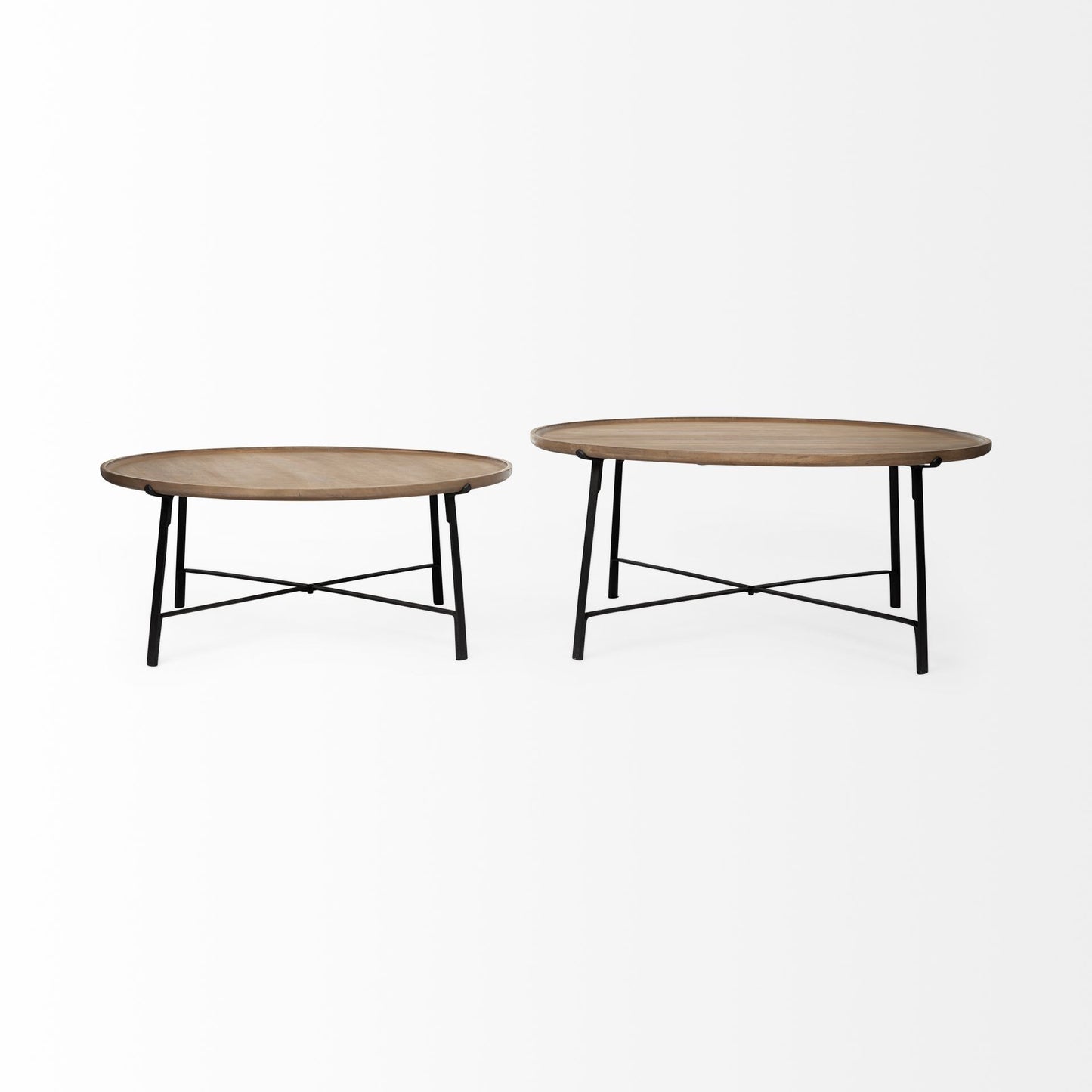 Set of Two Solid Wood and Iron Round Nested Coffee Tables