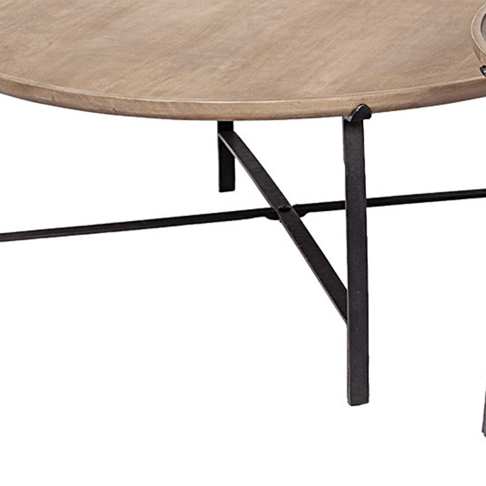 Set of Two Solid Wood and Iron Round Nested Coffee Tables