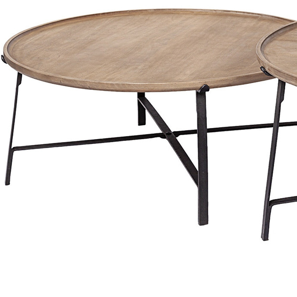 Set of Two Solid Wood and Iron Round Nested Coffee Tables
