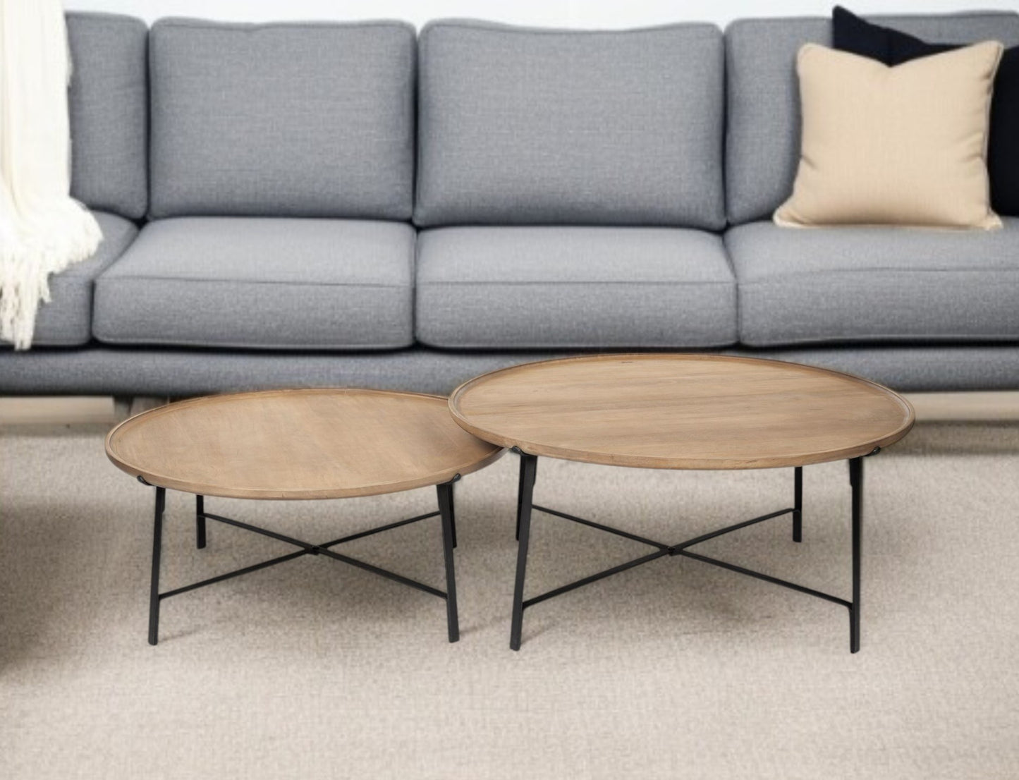 Set of Two Solid Wood and Iron Round Nested Coffee Tables