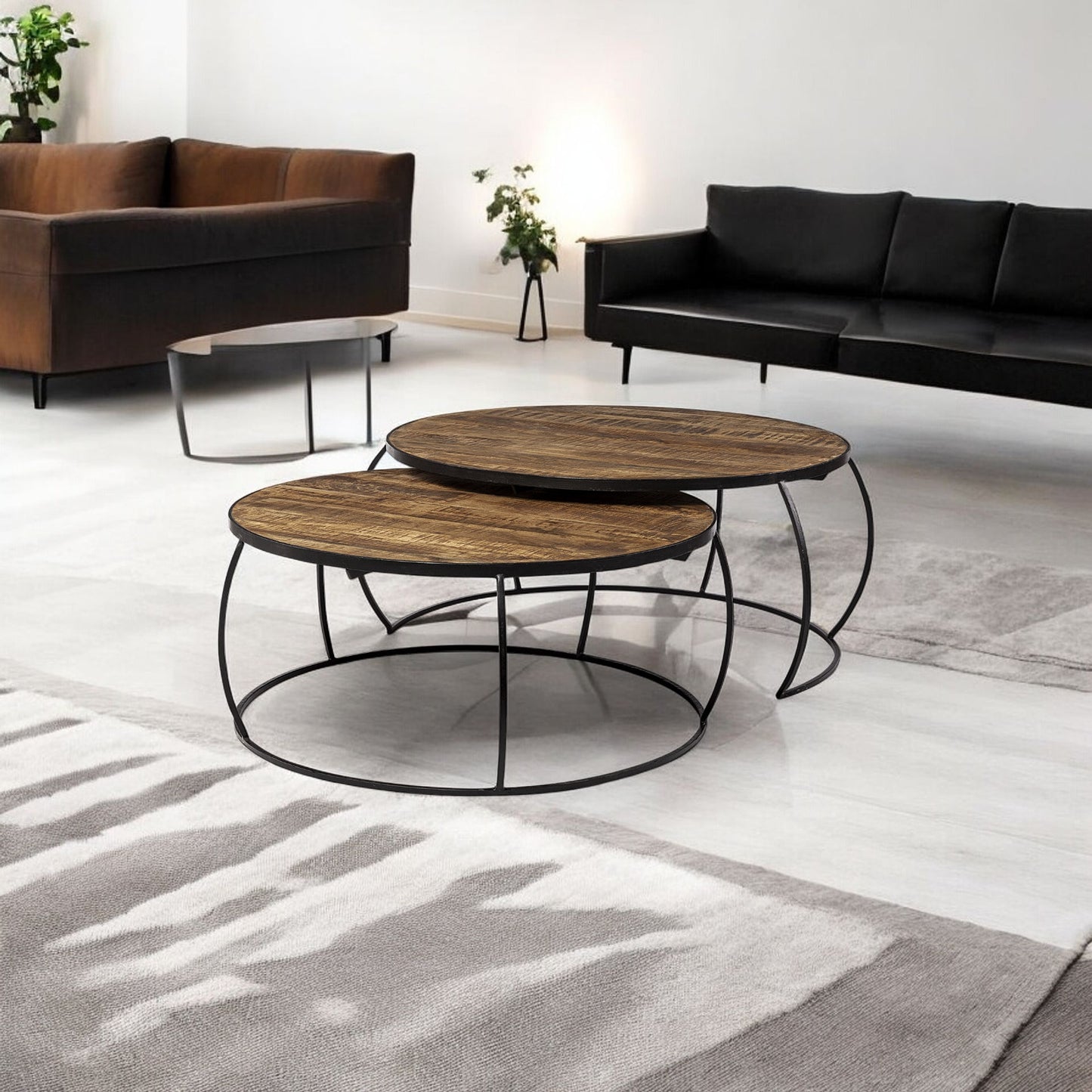 Wood and Metal Round Nested Coffee Tables