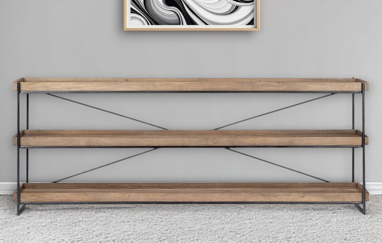 Solid Wood and Iron Console Table with Two Shelves
