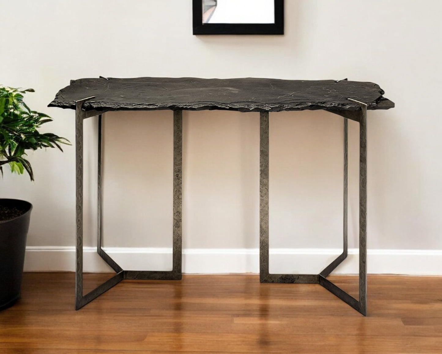 Slate and Iron Distressed Double Pedestal Console Table