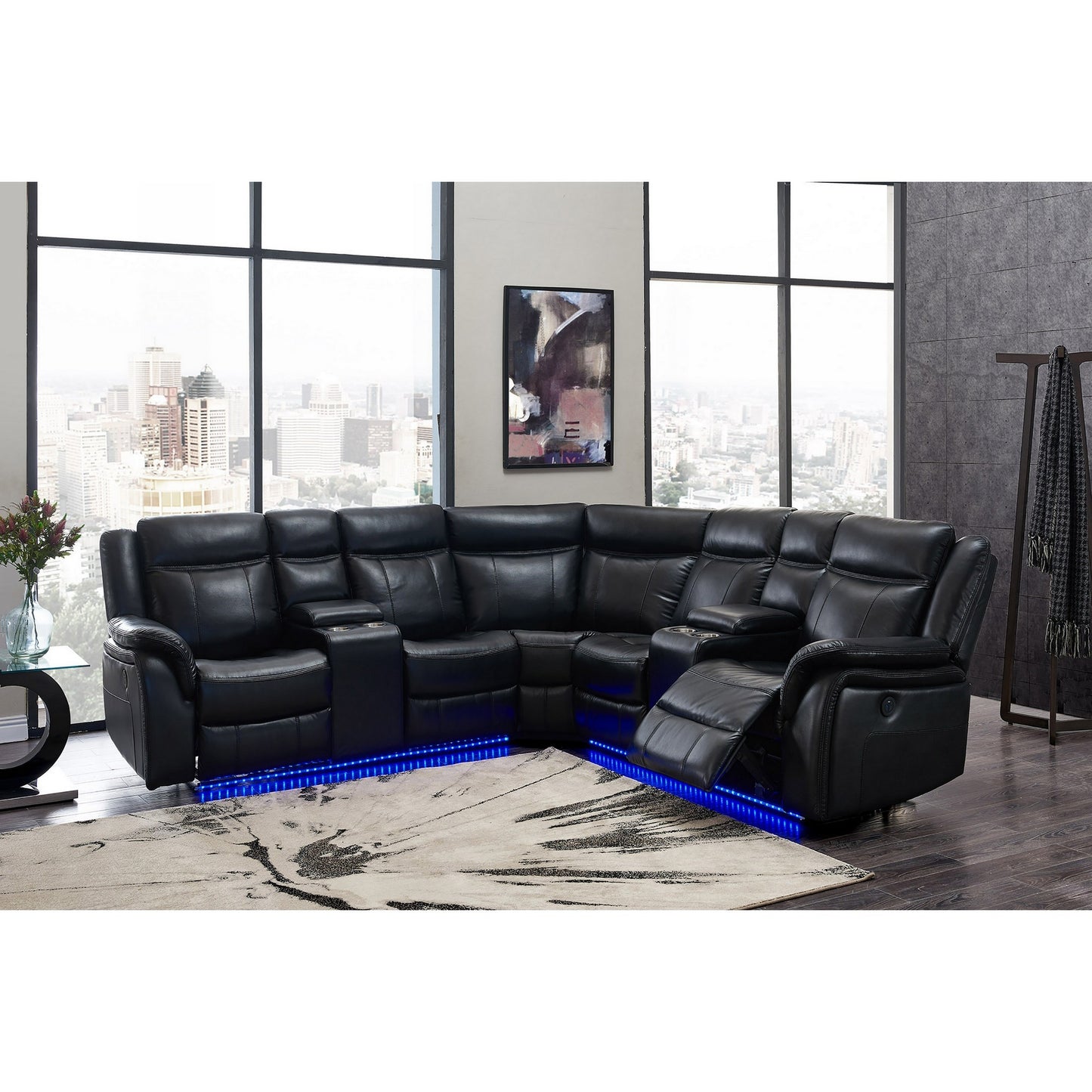 Polyester Blend Power Reclining L Shaped Three Piece Corner Sectional with Console