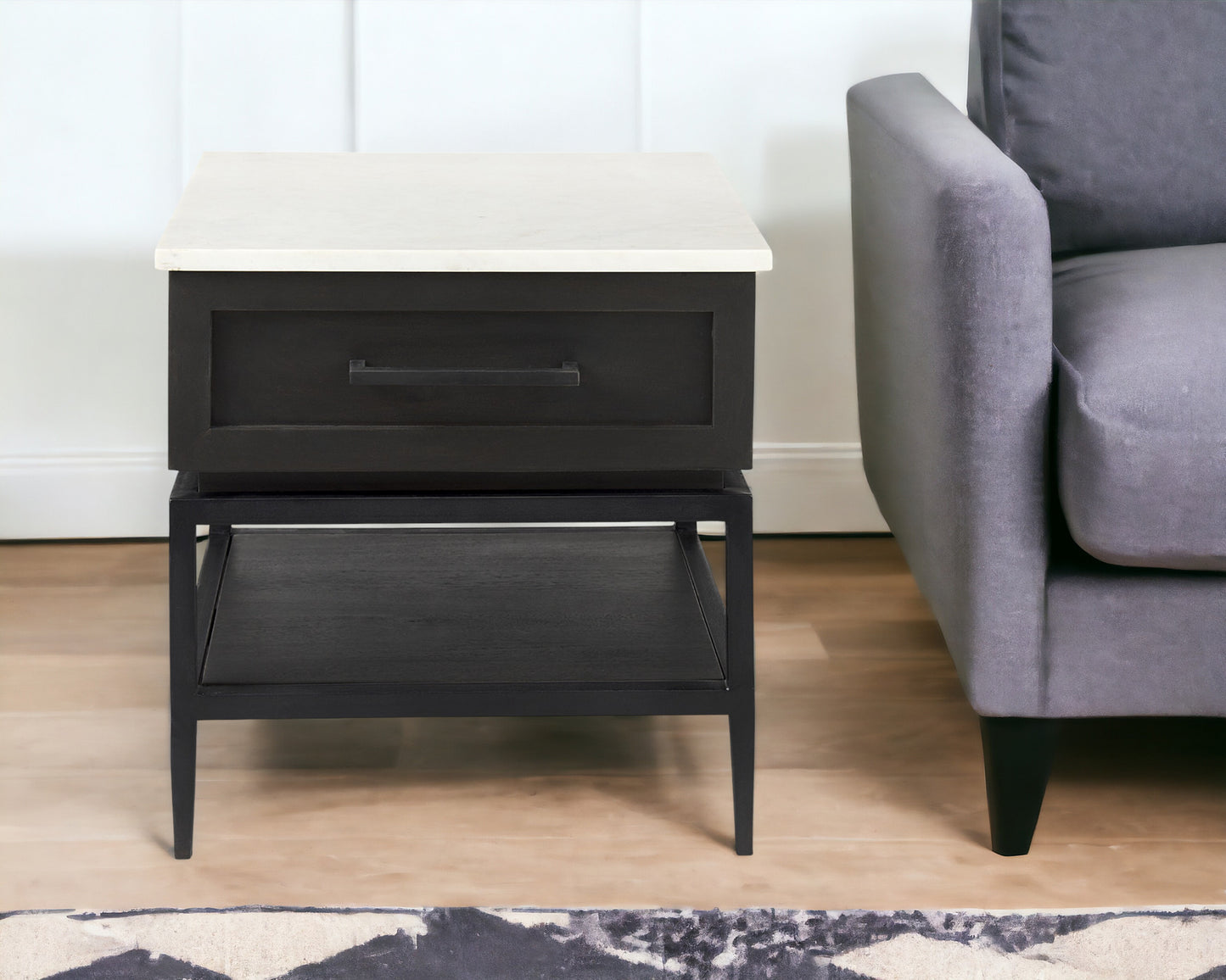 Marble Square End Table with Drawer and Shelf