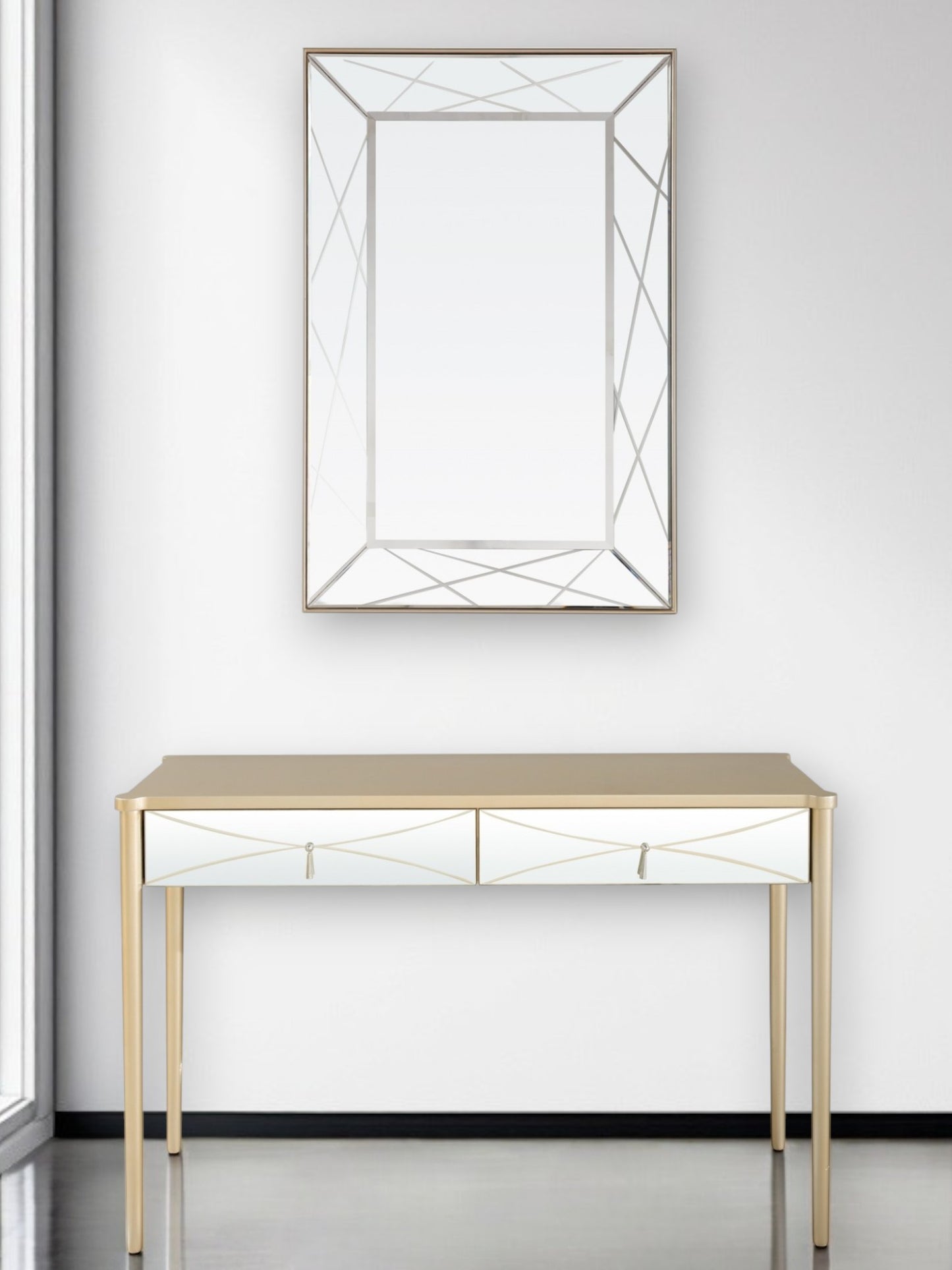 Mirrored Solid Wood and Glass Console Table with Two Drawers