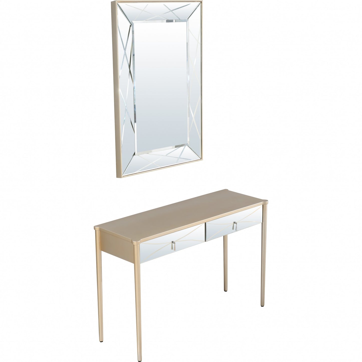 Mirrored Solid Wood and Glass Console Table with Two Drawers
