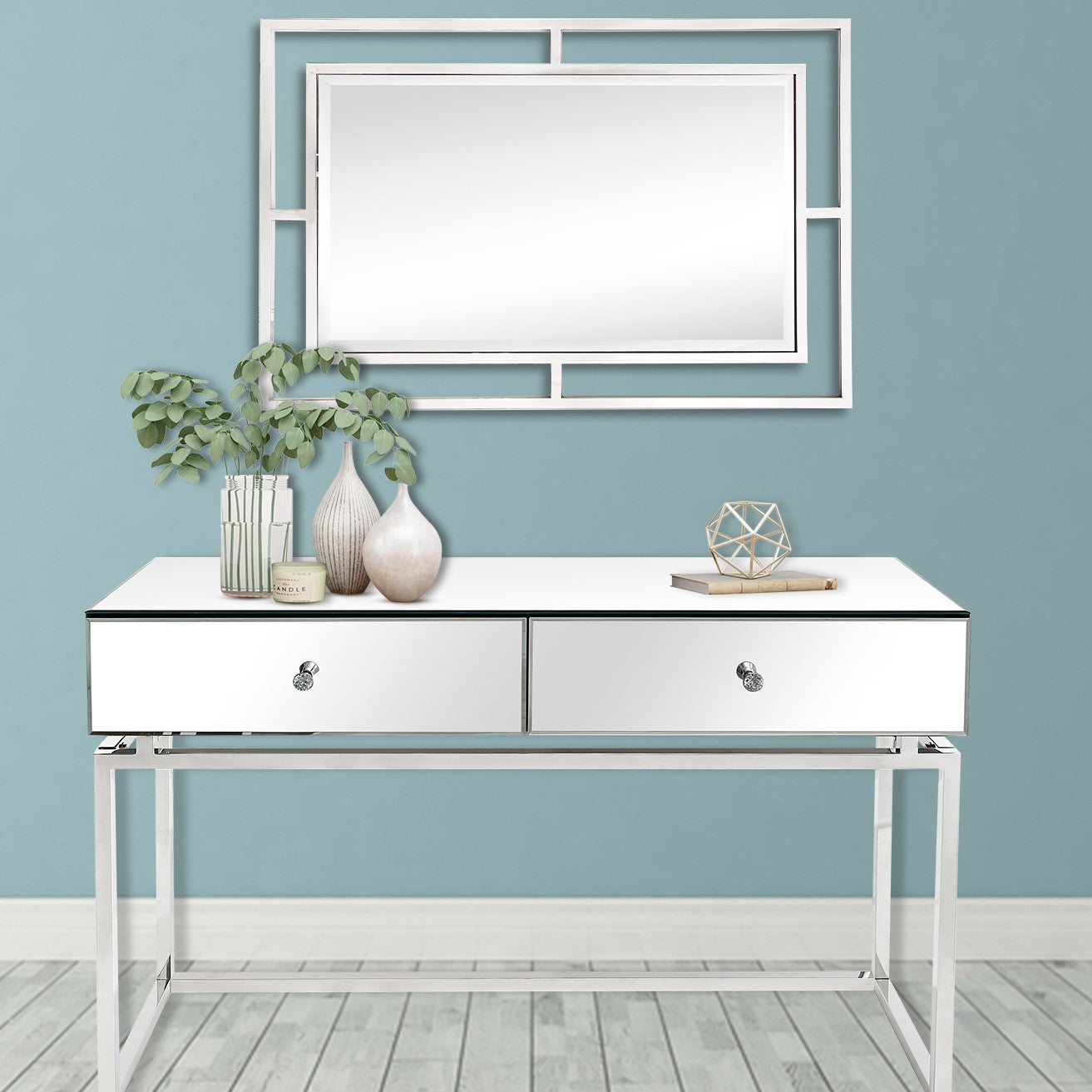 Mirrored Glass Frame Console Table and Drawers