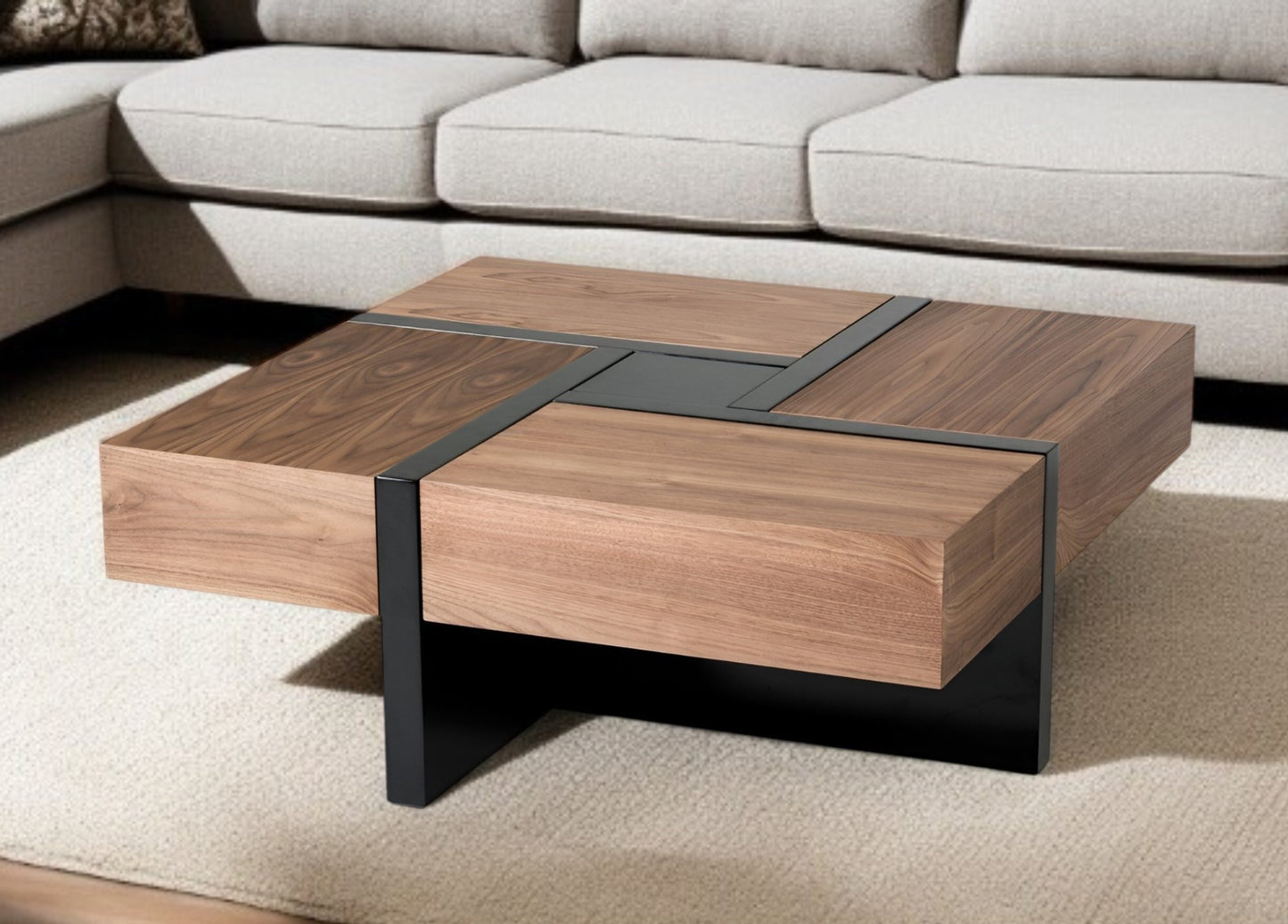 Wood Square Solid Coffee Table with Four Drawers