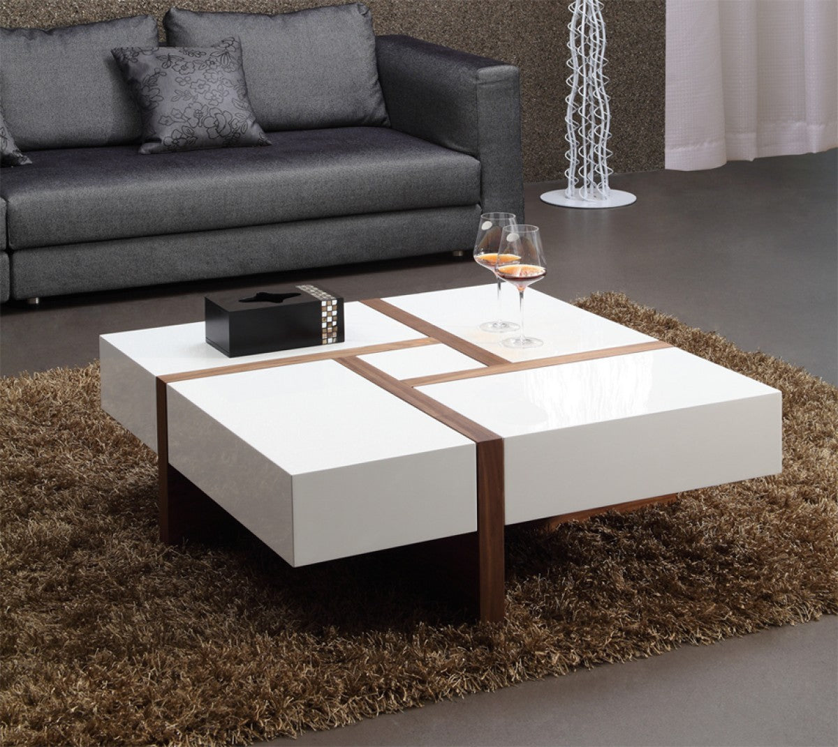 Wood Square Solid Coffee Table with Four Drawers