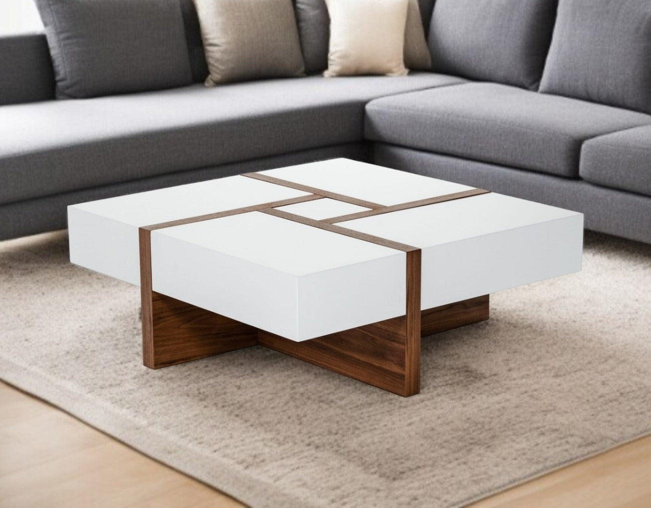 Wood Square Solid Coffee Table with Four Drawers
