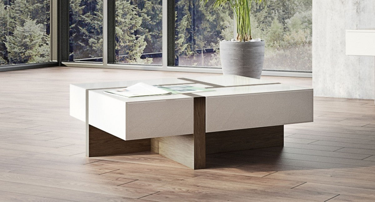 Wood Square Solid Coffee Table with Four Drawers