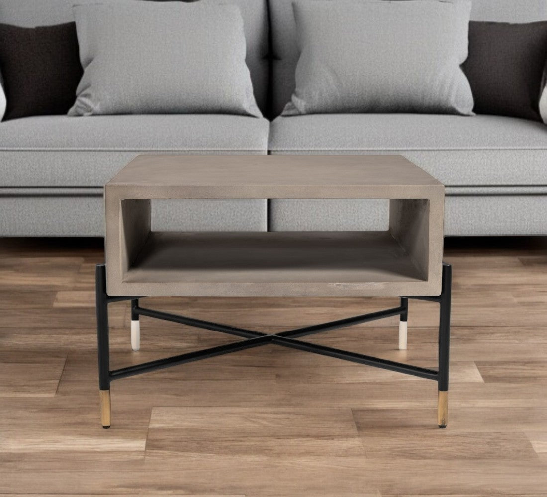 Concrete and Metal Square Coffee Table with Shelf