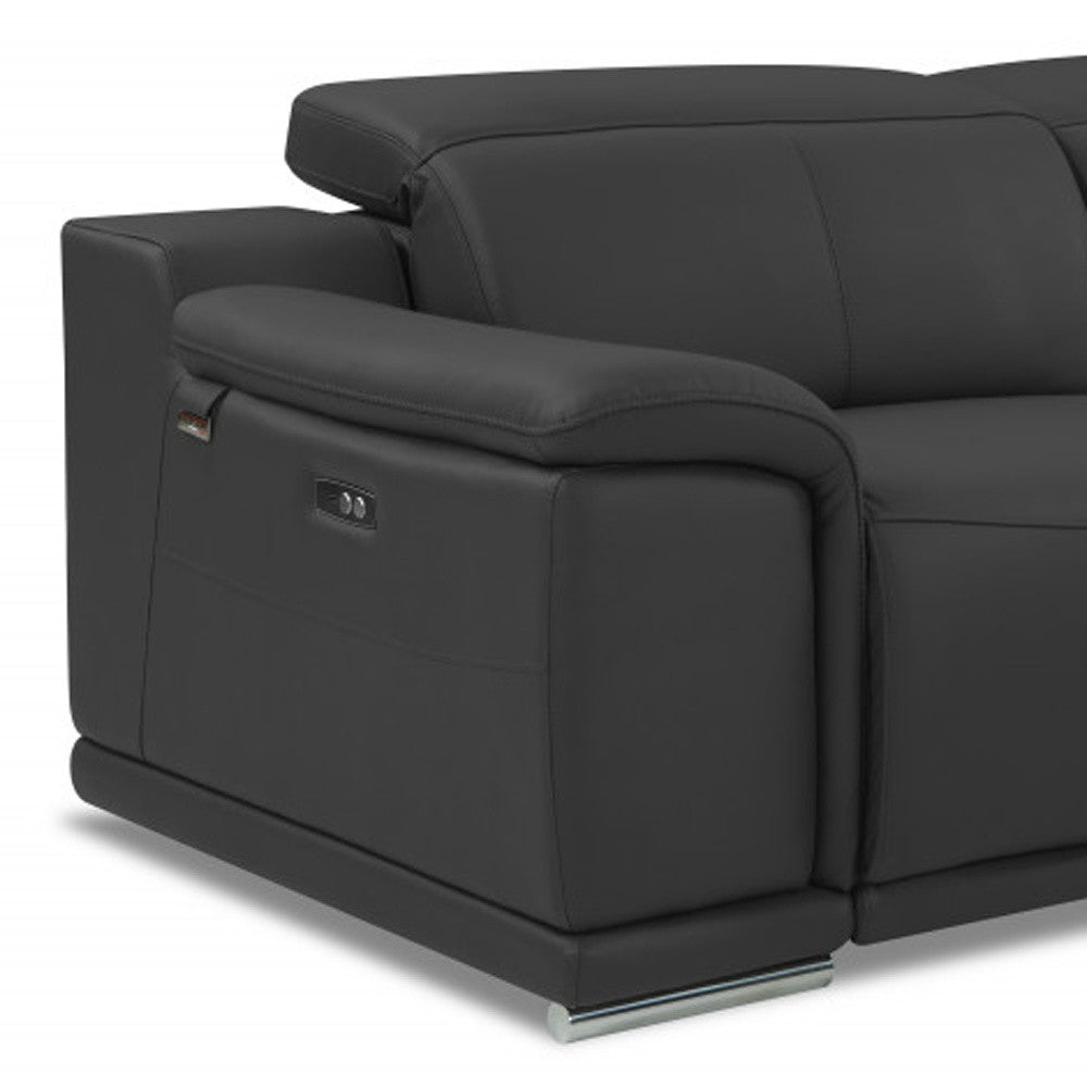 Italian Leather USB Reclining Sofa with Silver Legs