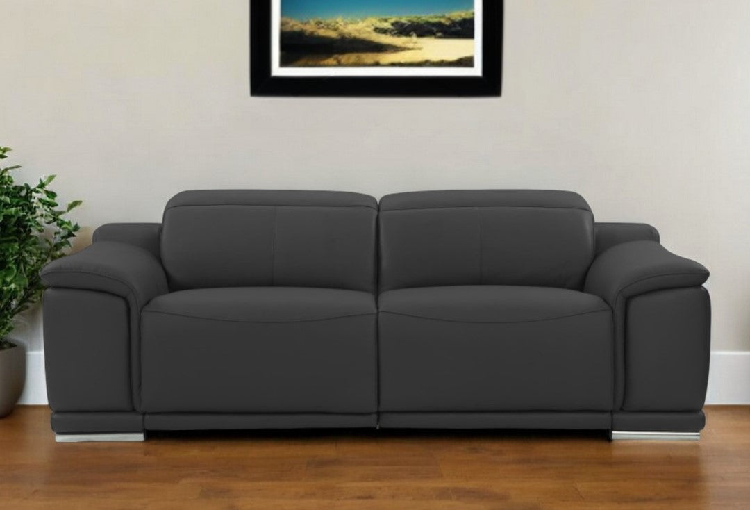 Italian Leather USB Reclining Sofa with Silver Legs