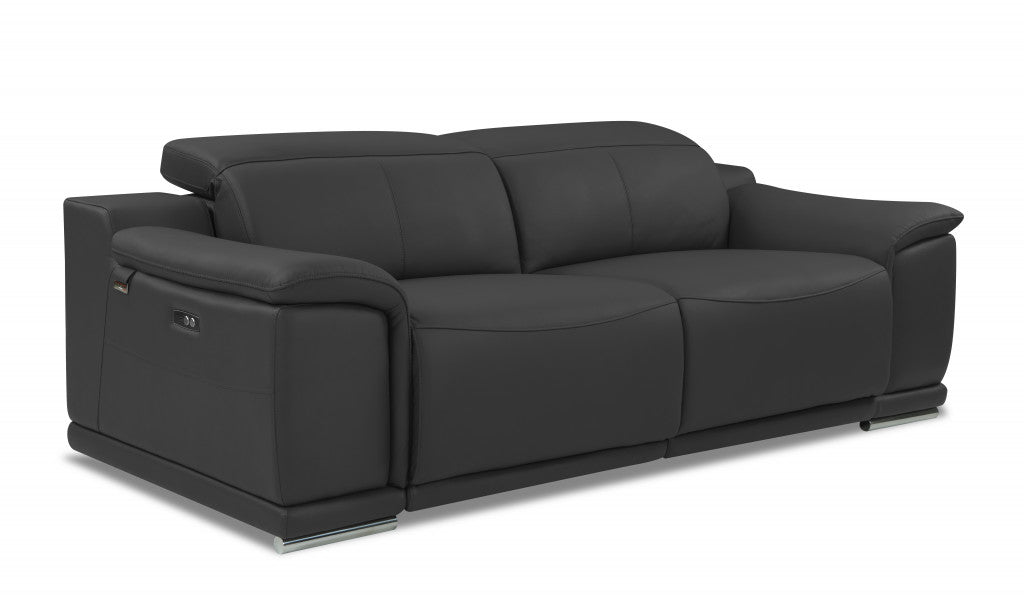 Italian Leather USB Reclining Sofa with Silver Legs