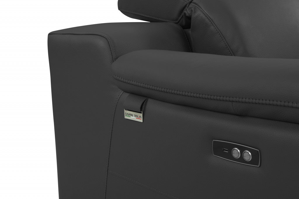 Italian Leather USB Reclining Sofa with Silver Legs