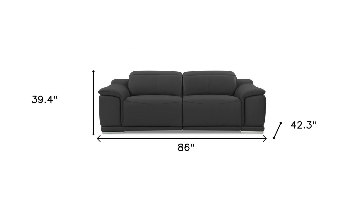 Italian Leather USB Reclining Sofa with Silver Legs